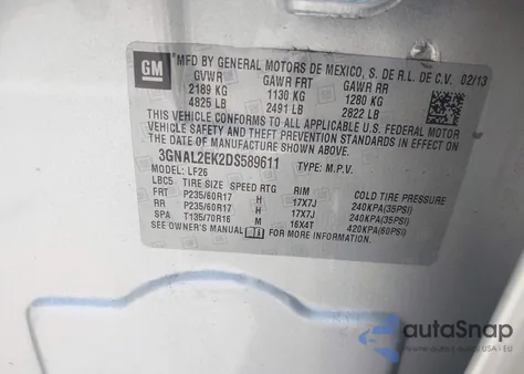 2013 Chevrolet Captiva Sport 2Ls из США, поврежденный, VIN 3GNAL2EK2DS589611